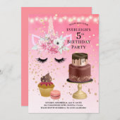 ユニコーンウォーターカラーピンク金ゴールドグリッター5誕生日 招待状 (正面/裏面)
