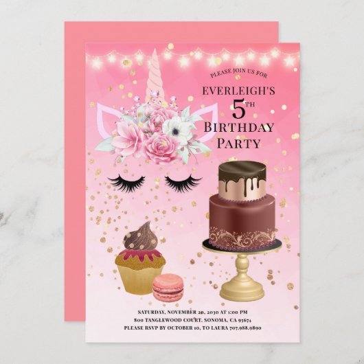 ユニコーンウォーターカラーピンク金ゴールドグリッター5誕生日 招待状 (正面/裏面)