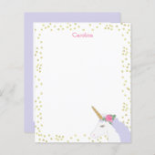 ユニコーンウォーターカラーピンク金ゴールドドットガールズノートカード (正面/裏面)