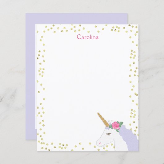 ユニコーンウォーターカラーピンク金ゴールドドットガールズノートカード (正面/裏面)