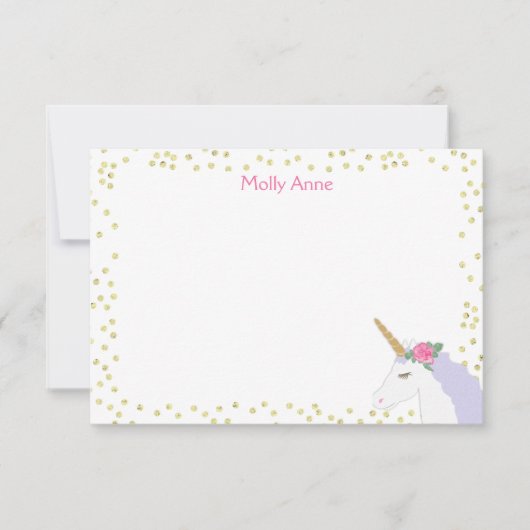 ユニコーンウォーターカラーピンク金ゴールドドットガール文房具 ノートカード (正面)