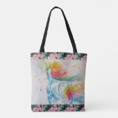 ユニコーンウォーターカラーレインボーティール(緑がかった色)バラフローラアート トートバッグ (裏面)