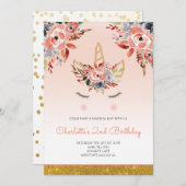 ユニコーンウォーター花模様ガーリーピーチグリッター 招待状 (正面/裏面)