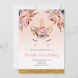 ユニコーンウォーター花模様ガーリーピーチグリッター 招待状