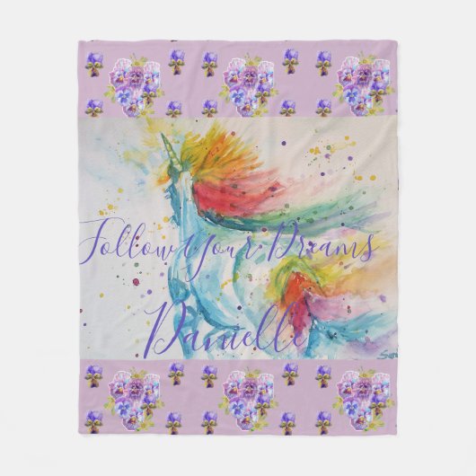 ユニコーンウォーター薄紫フローラガールズネームブランケット フリースブランケット (正面)