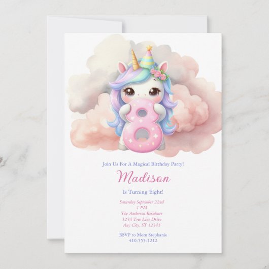 ユニコーンエイトピースピンクブルーパープルガール誕生日 招待状 (正面)