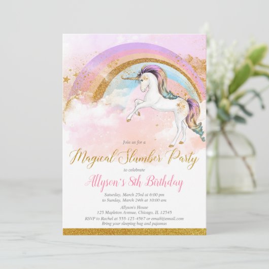 ユニコーンエレガントスランバーパーティー誕生日ピンク金ゴールド 招待状 (スタンド正面)