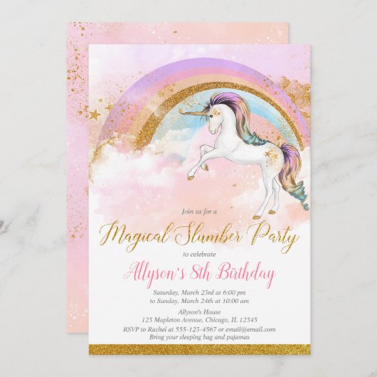 ユニコーンエレガントスランバーパーティー誕生日ピンク金ゴールド 招待状 (正面/裏面)