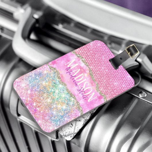 ユニコーンエレガントピンクグリッターライン石モノグラムl ラゲッジタグ