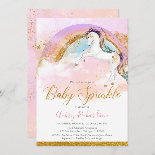 ユニコーンエレガントベビー散水少女パステル虹 招待状 (正面/裏面)