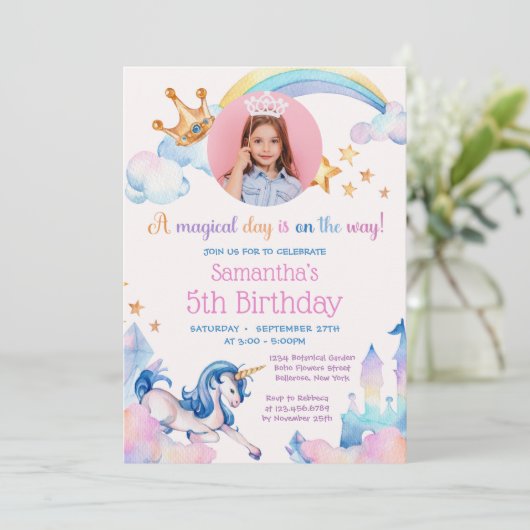 ユニコーンエレガントレインボーダイヤモンド王冠の誕生日 招待状 (スタンド正面)