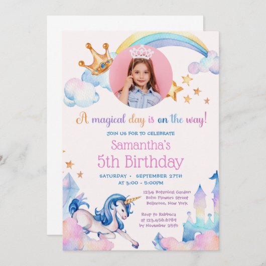 ユニコーンエレガントレインボーダイヤモンド王冠の誕生日 招待状 (正面/裏面)