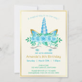 ユニコーンエレガント顔と花模様の女の子の誕生日 招待状 (正面)