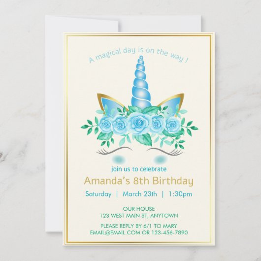 ユニコーンエレガント顔と花模様の女の子の誕生日 招待状 (正面)