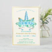 ユニコーンエレガント顔と花模様の女の子の誕生日 招待状 (スタンド正面)