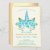 ユニコーンエレガント顔と花模様の女の子の誕生日 招待状 (正面/裏面)