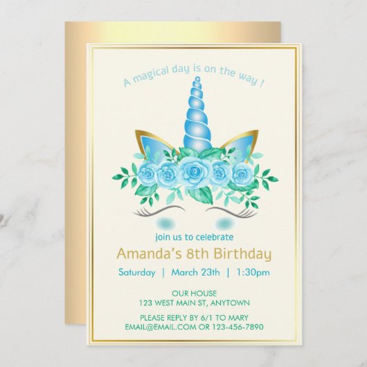 ユニコーンエレガント顔と花模様の女の子の誕生日 招待状 (正面/裏面)