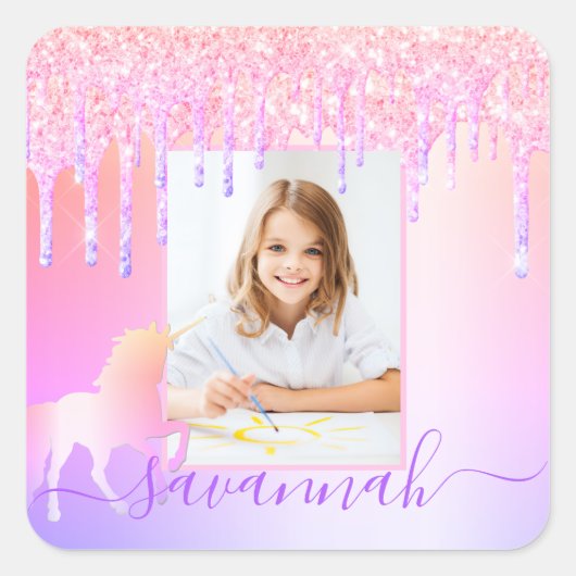 ユニコーンカスタムフォトグリッターピンクの虹の輝き スクエアシール (正面)
