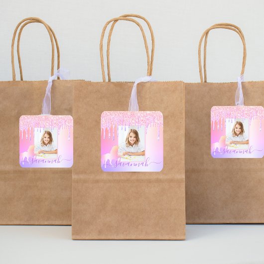 ユニコーンカスタムフォトグリッターピンクの虹の輝き スクエアシール