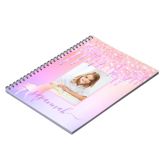 ユニコーンカスタムフォトグリッターピンクの虹の輝き ノートブック (左側)