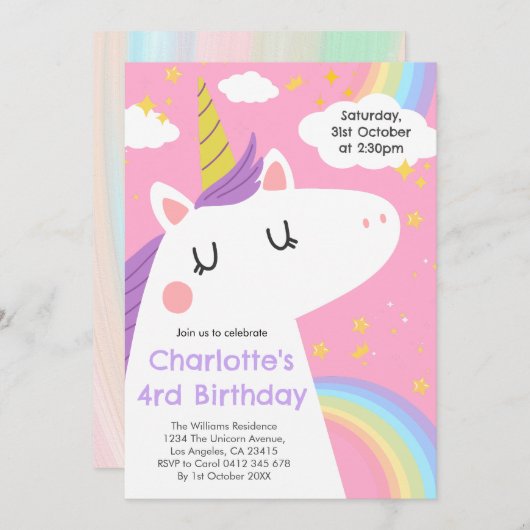 ユニコーンカラフルと虹の誕生日パーティー 招待状 (正面/裏面)