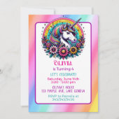 ユニコーンカラフルをテーマにした少女の誕生日パーティー 招待状 (正面)