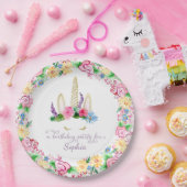 ユニコーンカラフルウォーターカラーピンクフローラ誕生日 ペーパープレート (パーティー)