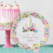 ユニコーンカラフルウォーターカラーピンクフローラ誕生日 ペーパープレート