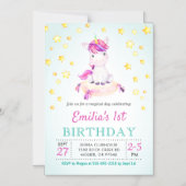 ユニコーンカラフルテーマガール子供の誕生日パーティー マグネット招待状 (正面)