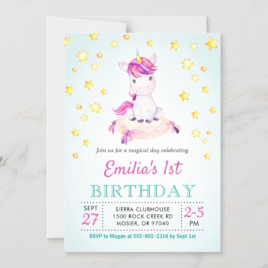 ユニコーンカラフルテーマガール子供の誕生日パーティー マグネット招待状 (正面)