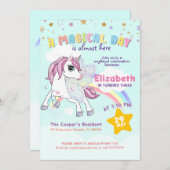 ユニコーンカラフルレインボーかわいい魔法のピンク 招待状 (正面/裏面)