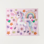 ユニコーンカラフルレインボーフラワーズ子供部屋背景 タペストリー (正面(横))