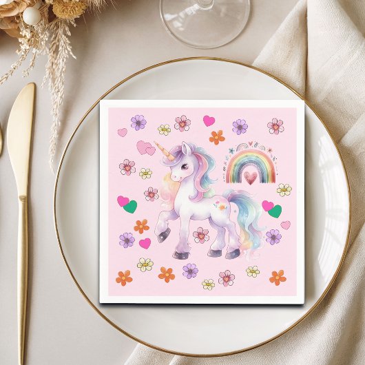 ユニコーンカラフルレインボーフラワーバースデーパーティー スタンダードカクテルナプキン