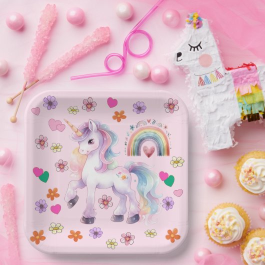 ユニコーンカラフルレインボーフラワーバースデーパーティー ペーパープレート (パーティー)