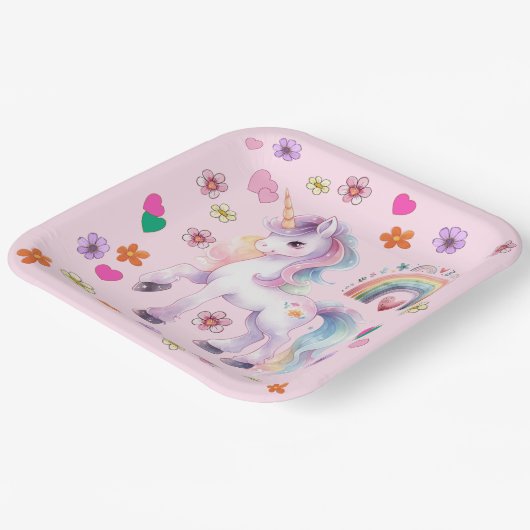 ユニコーンカラフルレインボーフラワーバースデーパーティー ペーパープレート (傾斜あり)