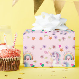 ユニコーンカラフルレインボーフラワーバースデーパーティー ラッピングペーパー