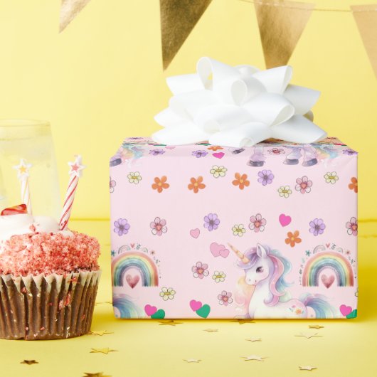 ユニコーンカラフルレインボーフラワーバースデーパーティー ラッピングペーパー (誕生日パーティー)