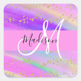 ユニコーンカラフルレインボー金ゴールドグリッターモノグラム スクエアシール