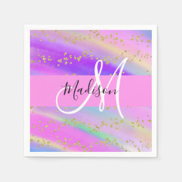 ユニコーンカラフルレインボー金ゴールドグリッターモノグラム スタンダードカクテルナプキン