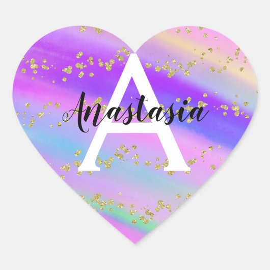 ユニコーンカラフルレインボー金ゴールドグリッターモノグラム ハートシール (正面)
