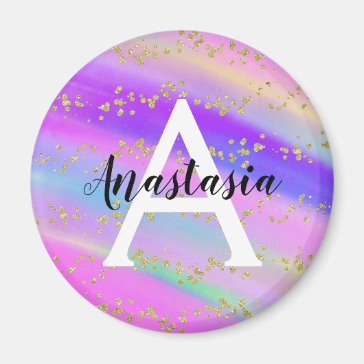 ユニコーンカラフルレインボー金ゴールドグリッターモノグラム マグネット (正面)