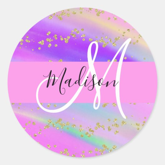 ユニコーンカラフルレインボー金ゴールドグリッターモノグラム ラウンドシール (正面)