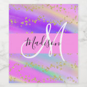 ユニコーンカラフルレインボー金ゴールドグリッターモノグラム ワインラベル (シングルラベル)