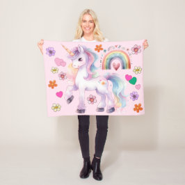 ユニコーンカラフルレインボー&フラワーズ子供部屋 フリースブランケット