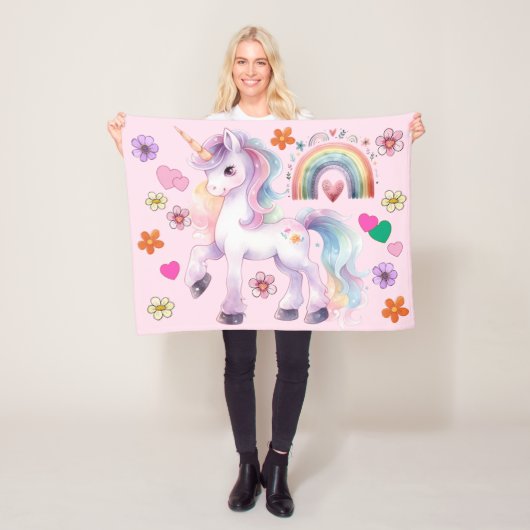 ユニコーンカラフルレインボー&フラワーズ子供部屋 フリースブランケット (インサイチュ)
