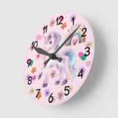 ユニコーンカラフルレインボー&フラワーズ子供部屋 ラウンド壁時計 (傾斜)