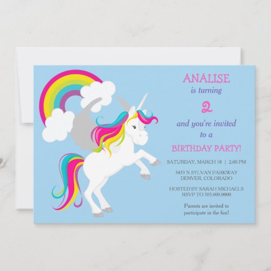 ユニコーンカラフル子供の誕生日パーティの招待状 招待状 (正面)
