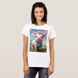 ユニコーンカラフル赤ん坊の豚アクリル美術 Tシャツ
