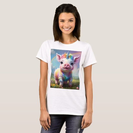 ユニコーンカラフル赤ん坊の豚アクリル美術 Tシャツ (正面フル)