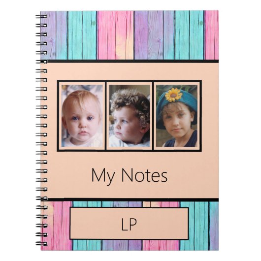 ユニコーンカラー3枚フォトイニシャル桃 ノートブック (正面)